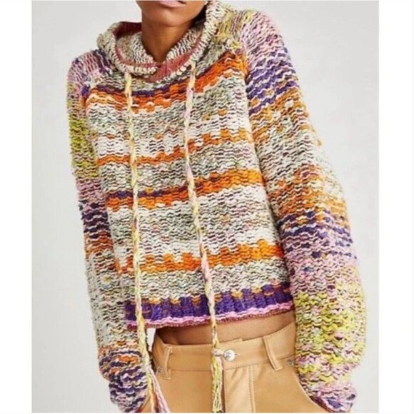 Free People Winter Bright Rainbow Ultra Chunky Knit Boho Sweater Hoodie Size XS - Picture 1 of 9